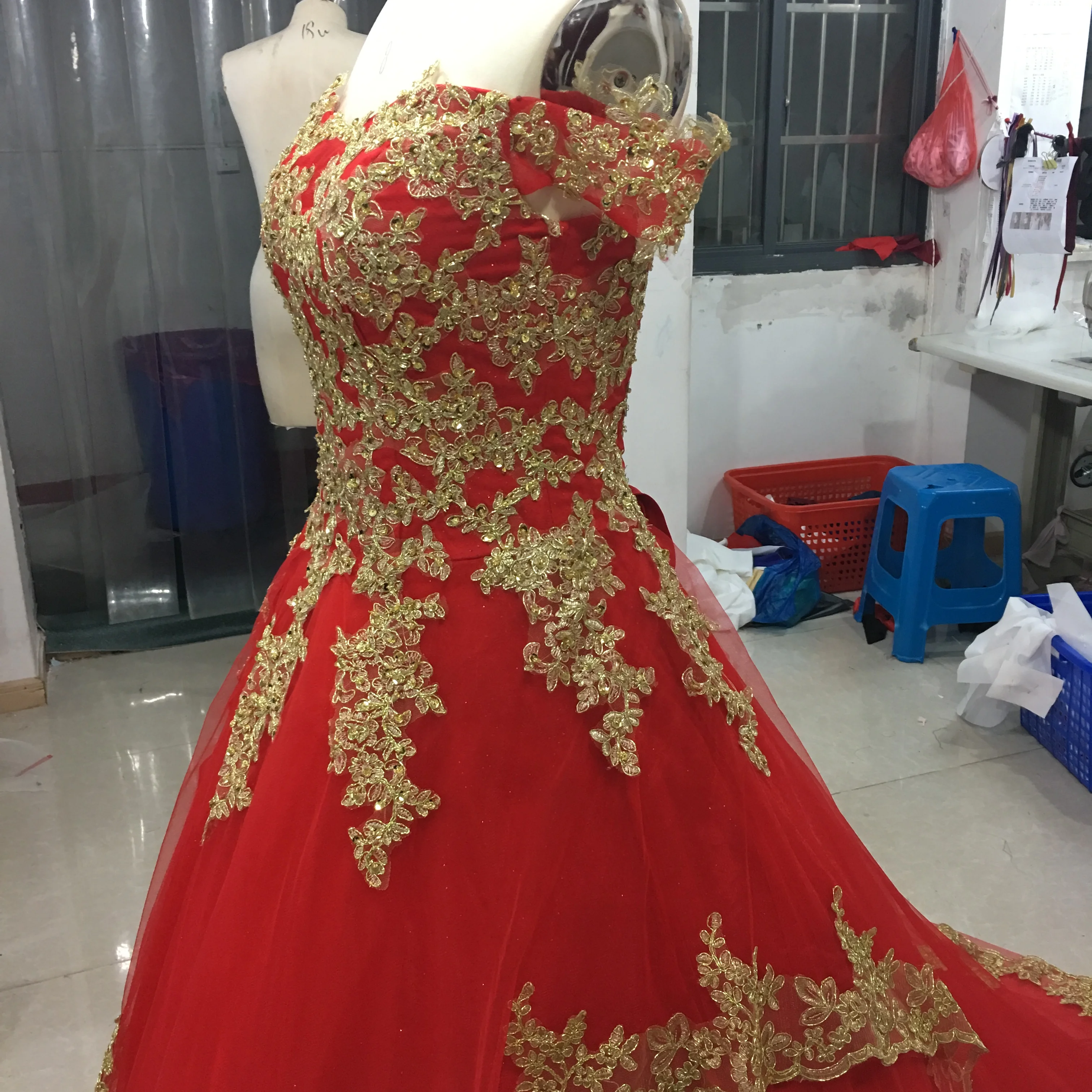 Tailored China Inspired Plus Size Accent Color Embroidered And Beaded Tulle Overlay Red Gold Wedding Dress
