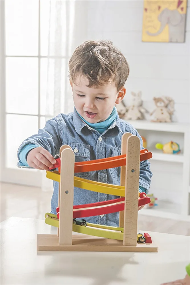Wooden Ramp Racer Race Track for Toddlers and 4 Wood Cars, Race Car Ramp Set