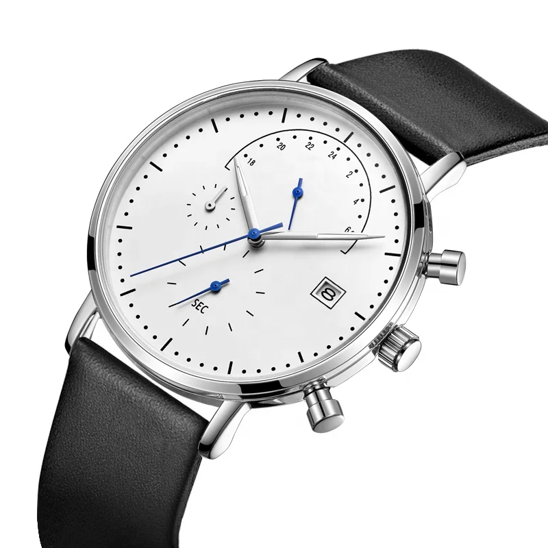 
White Western Price Quartz Japan Custom Low Moq Leather Chronograph Black Wrist Watch Man 