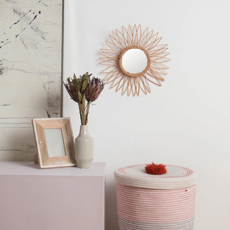 Hand Woven Craft Home Bedroom Sun Flower Round Decorative Wood Wicker Willow Frame Rattan Wall Mounted Mirror 5 Sets