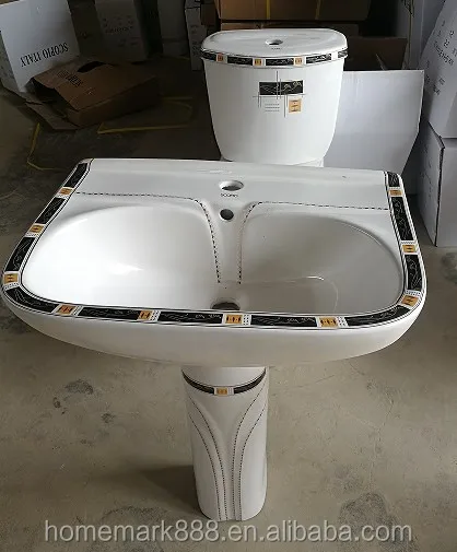 Chaozhou Factory Sanitary Ware Two Pieces Ceramic Pedestal Basin with Decoration