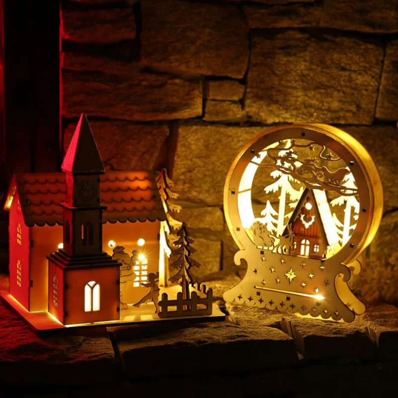2021 New Products LED light deer cart creative Christmas Gift luminous wooden house Model