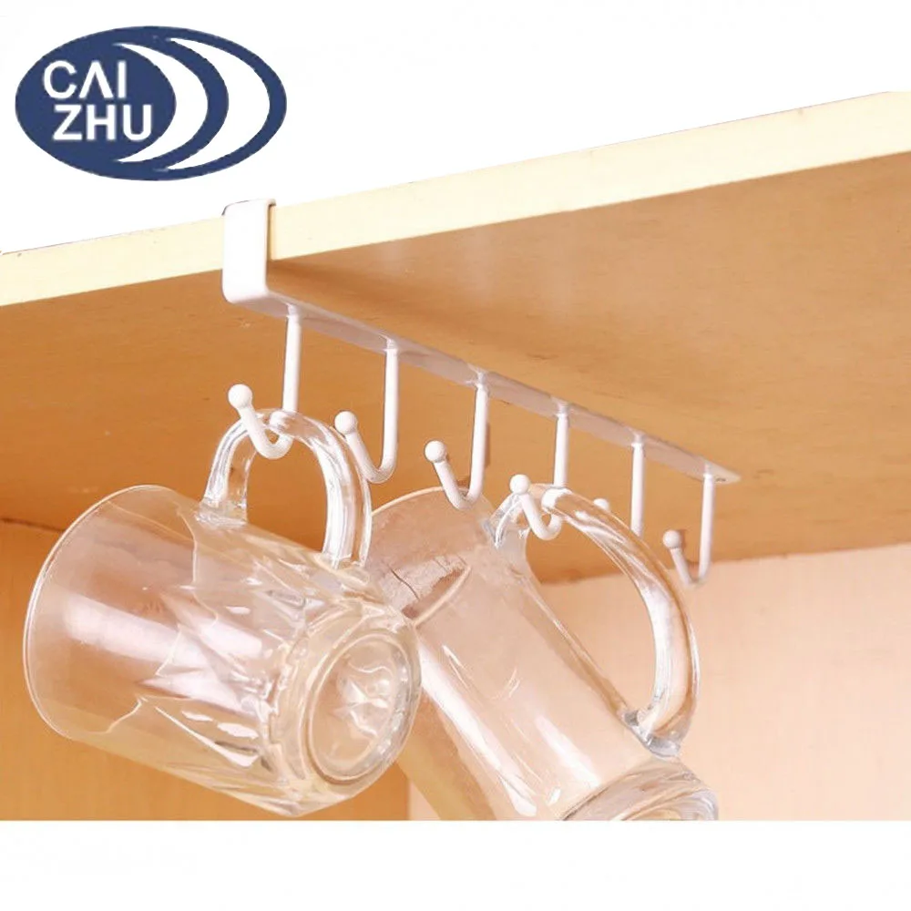 Multifunction Kitchen Utensil Hanging Rack Under Shelf Cup Holder 6 Hooks Cup Holder