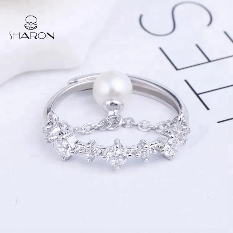 Beautiful Wholesale Women Jewelry Friendship Freshwater Hanging Pearl Sterling Silver Adjustable Ring