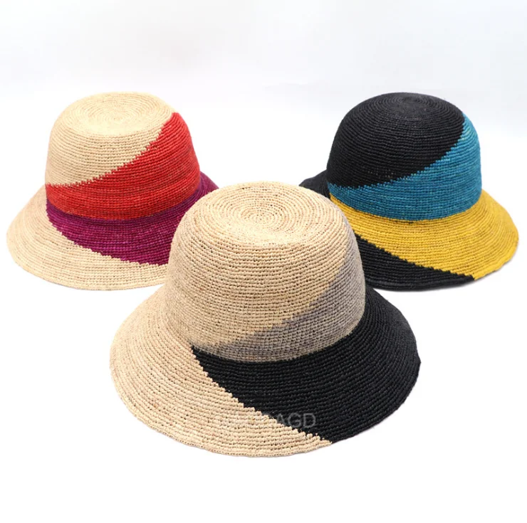 Custom outdoor sun protective raffia straw bucket hat
