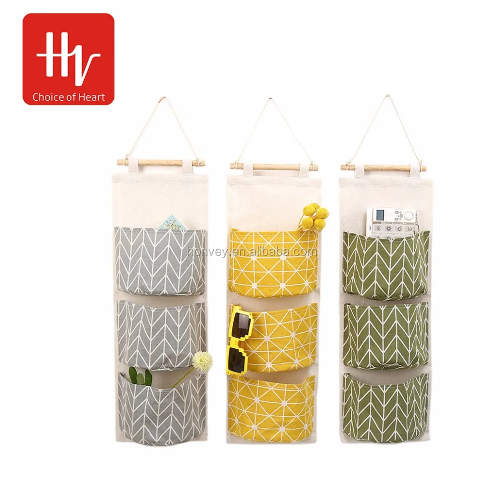 
HONVEY Wall Hanging Storage Bags Cotton And Linen 3 Pockets Wall Door Closet Hanging Storage Bag Organizer For Room Bathroom 