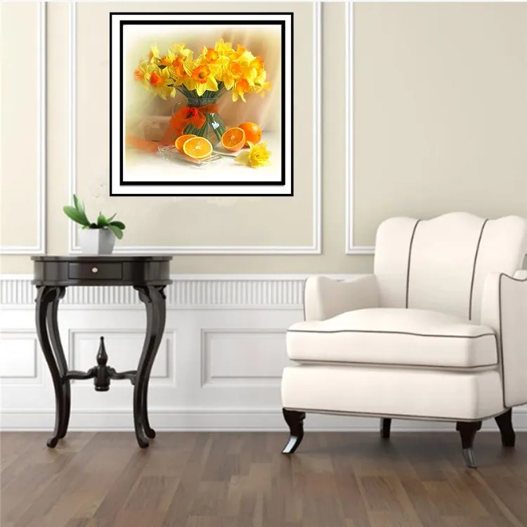 Yellow flower in glass and orange fruit painting on canvas