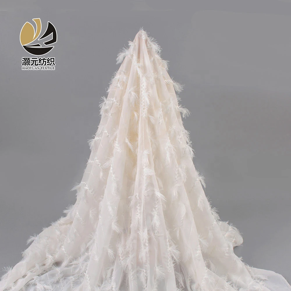 Stock lot wholesale high quality polyester soft fancy 3d white feather crepe chiffon fabric