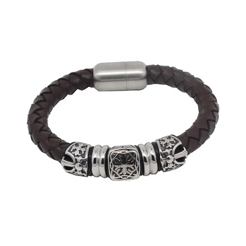 Yudan Jewelry Titanium Steel Cross Religious Jewelry Leather Bracelet