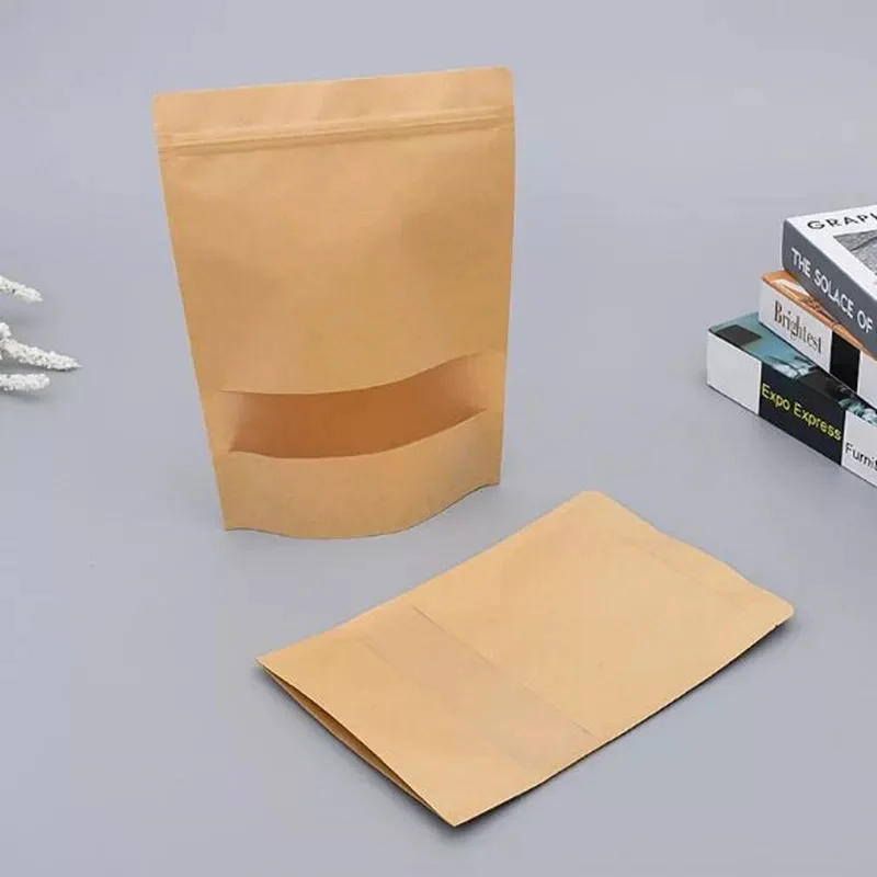 9*14 пакеты с застежкой-молнией для упаковки сухих продуктов из крафт-бумаги, стоячие мешочки с прозрачным окном