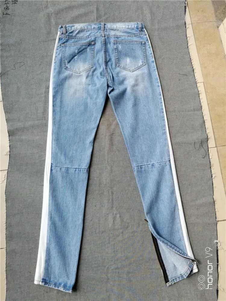 Royal wolf track pants factory tape printed jeans men side stripe jeans fashion trousers white striped jeans