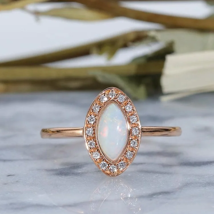 Simple rose gold 925 sterling silver marquise cut girls opal and diamond ring