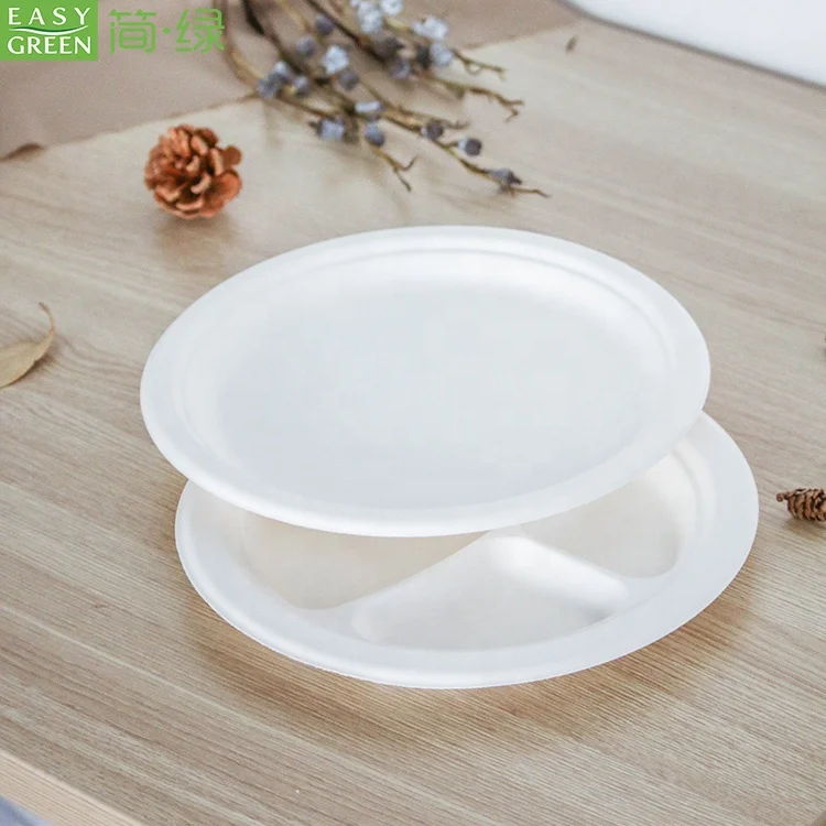 Easy Green 9 inch Round White Dessert Bagasse Sugarcane Biodegradable Corn Starch Disposable Plate