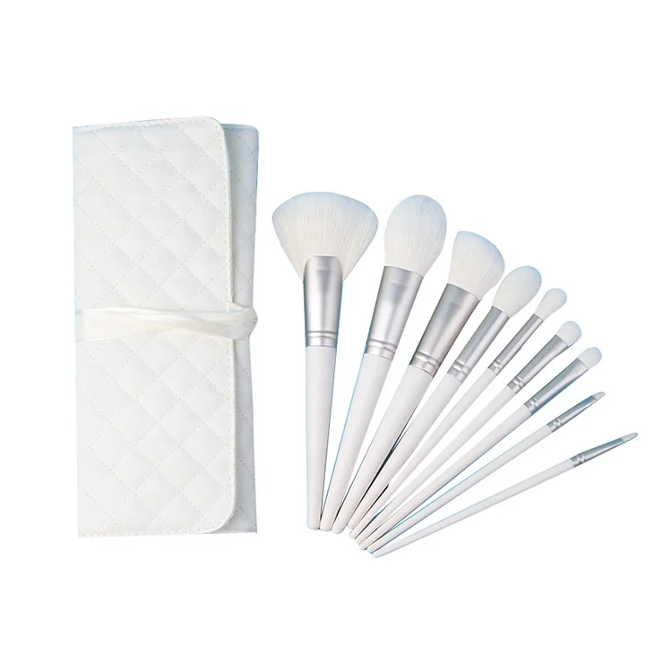 Custom Vegan Handmade Makeup Brush Set 9 Pcs White Handle Vegan Make Up Brushes With Pouch