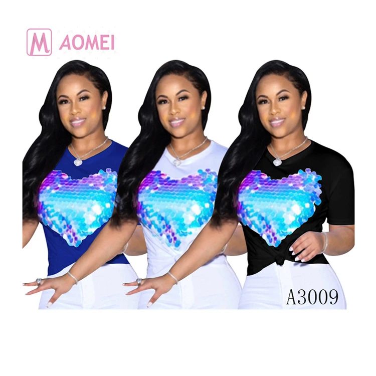 
A3009 Wholesale new stylish heart shape sequin casual t-shirt for women 