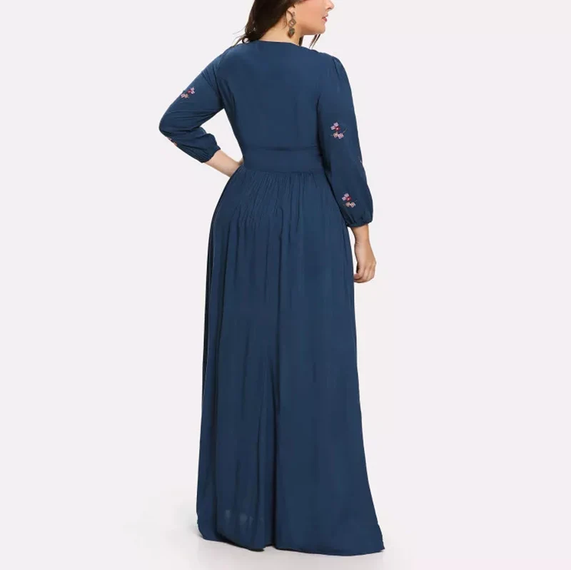 Осенняя одежда плюс шнуровка спереди цветок вышитое платье макси Толстые Женщины Цветочное Ночное