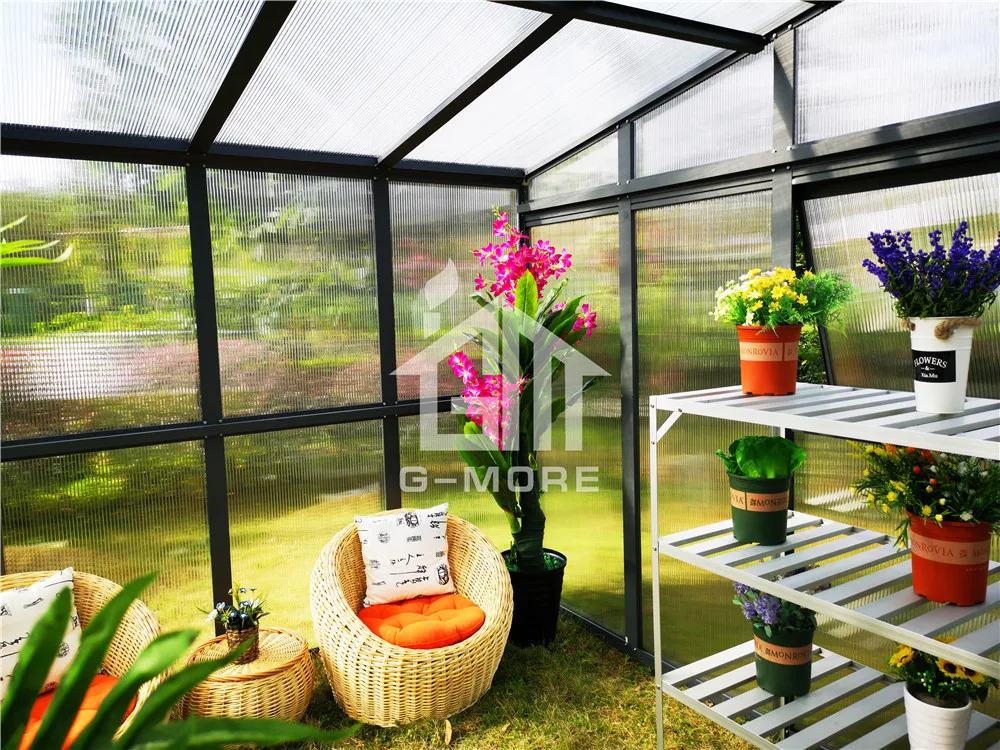 G-MORE garden slant roof prefabricated greenhouse with 10MM polycarbonate panels