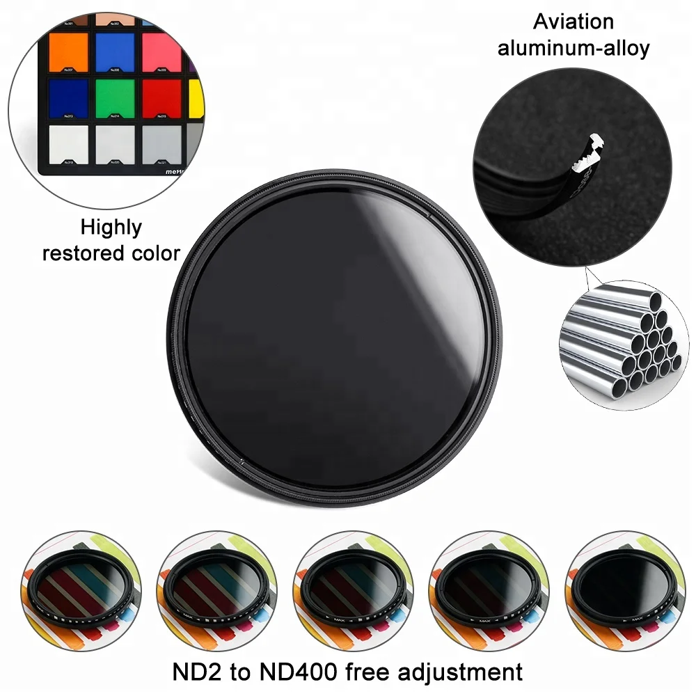 49 mm Adjustable Neutral Density ND2-400 Lens Filter Fit For Canon Nikon Fuji Camera Lenses, Aluminum + Resin