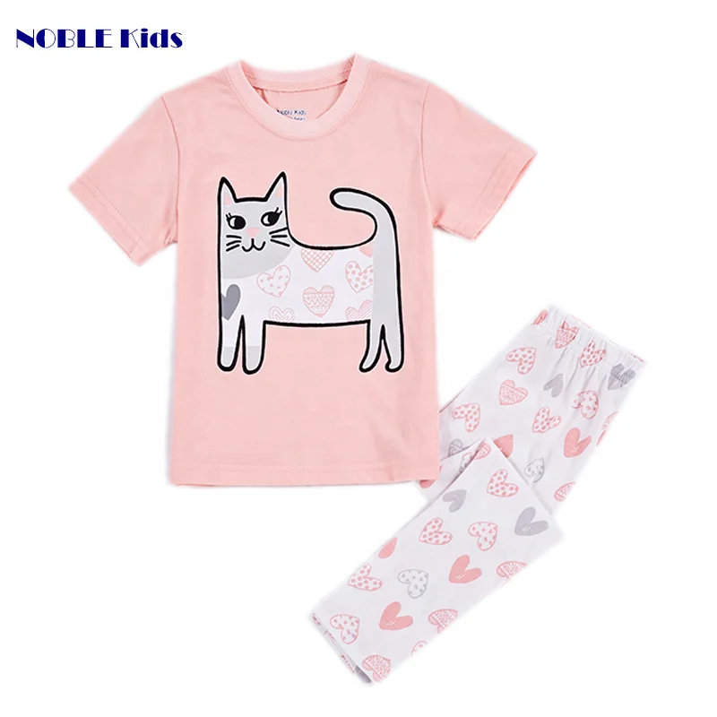 
girls nightwear suit spot wholesale 100%cotton fashion cartoon cat printed summer children pajama sets 