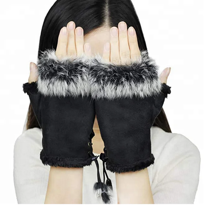 2018 зимняя грелка для рук из кроличьего меха кожаные женские замшевые варежки без пальцев женские зимние перчатки на запястье