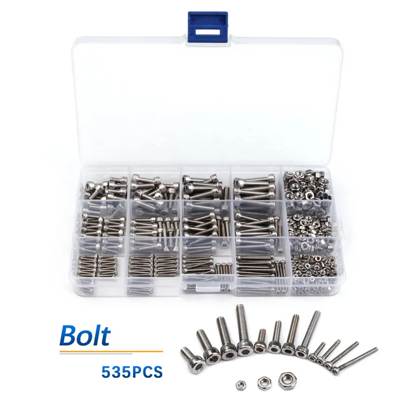 Professional Round Cylinder Head Hexagon Assortment 304 Stainless Steel Bolt Screw Nuts Kit With Plastic Box