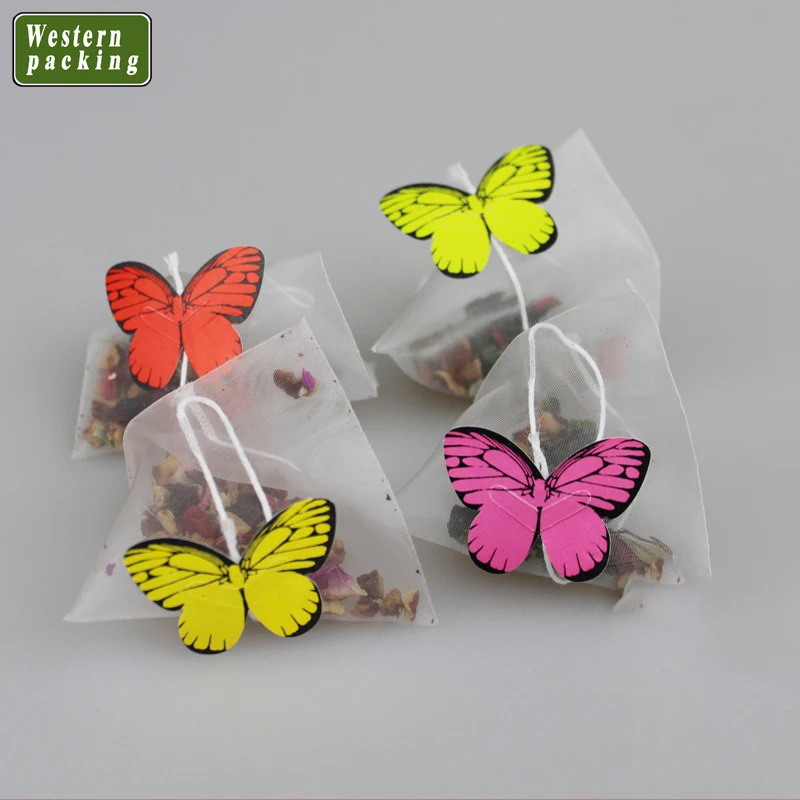 Customized logo printed empty nylon drawstring tea mesh bag with butterfly tag