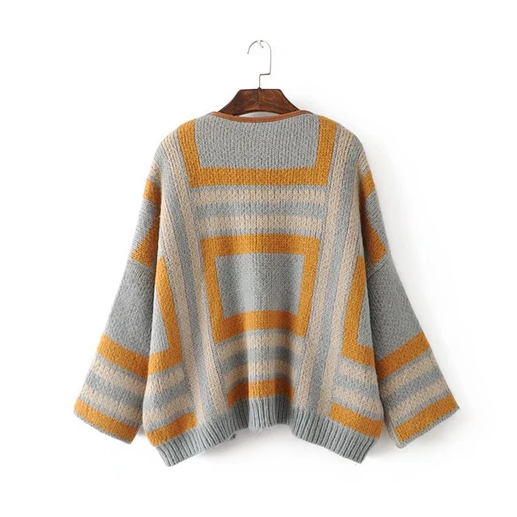 Korean Women Fashion 2024 Bat Sleeve Coat Color Block Varsity Sweaters Wholesale Women Cardigan