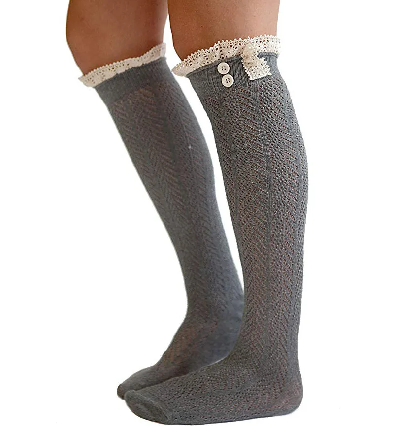 AJ186044 Hot Sale Black Stock Cheap Knitted Ruffles Lace Boot Socks with Buttons