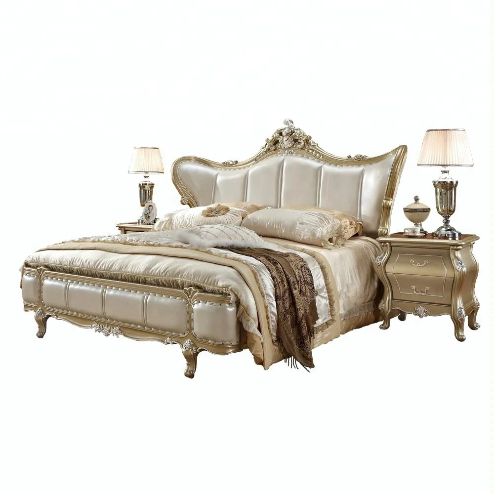 Classical style hand made carving champagne silver luxury king size bedroom furniture set
