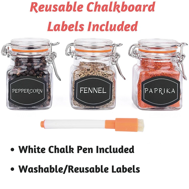 100ml Glass Spice Jars with Spice Labels and Chalkboard Pen Whole Set 12 Square Glass Jars 3.4 Ounce with Airtight Flip Top Cap