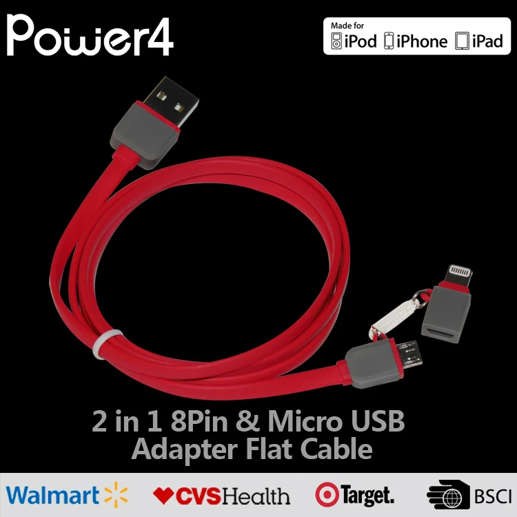 
High quality Micro usb 8pin USB 2 in 1 Sync Data Charger electric Cable for iPhone iPad iOS For Samsung HTC Android 