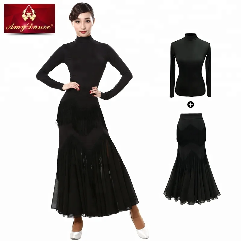 Adult women large chiffon hem ballroom dance skirts with fringe ballroom dance dress