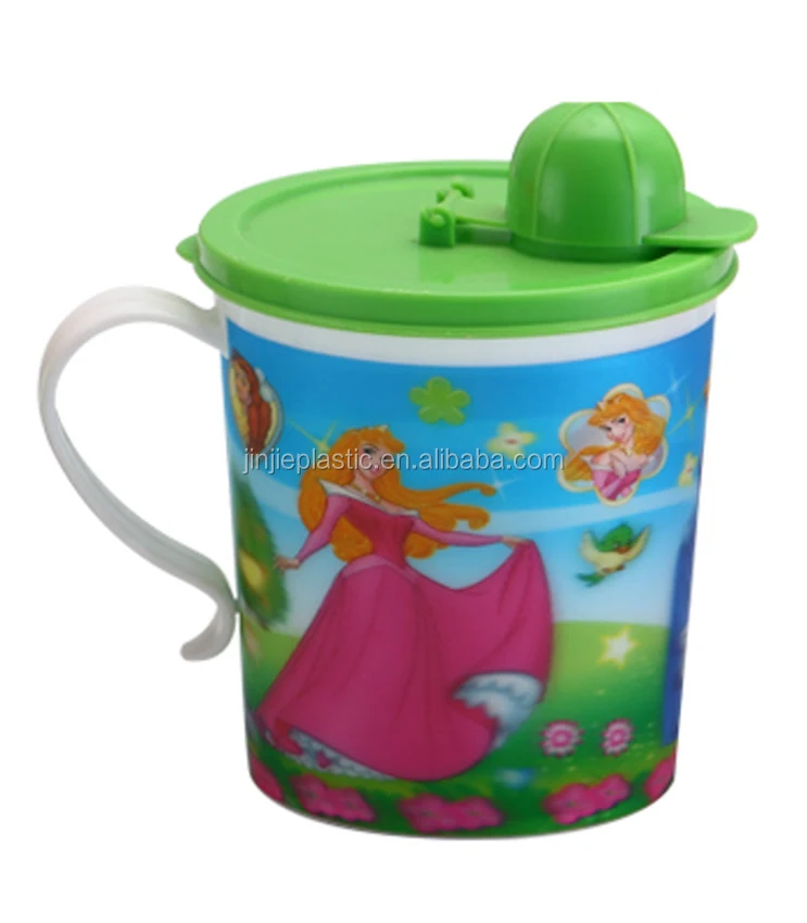320ml, Eco-friendly, in-mold -labeling, cute kids pp tooth cup with handle and lid