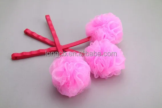 cheap plastic long handle puff mesh bath sponge