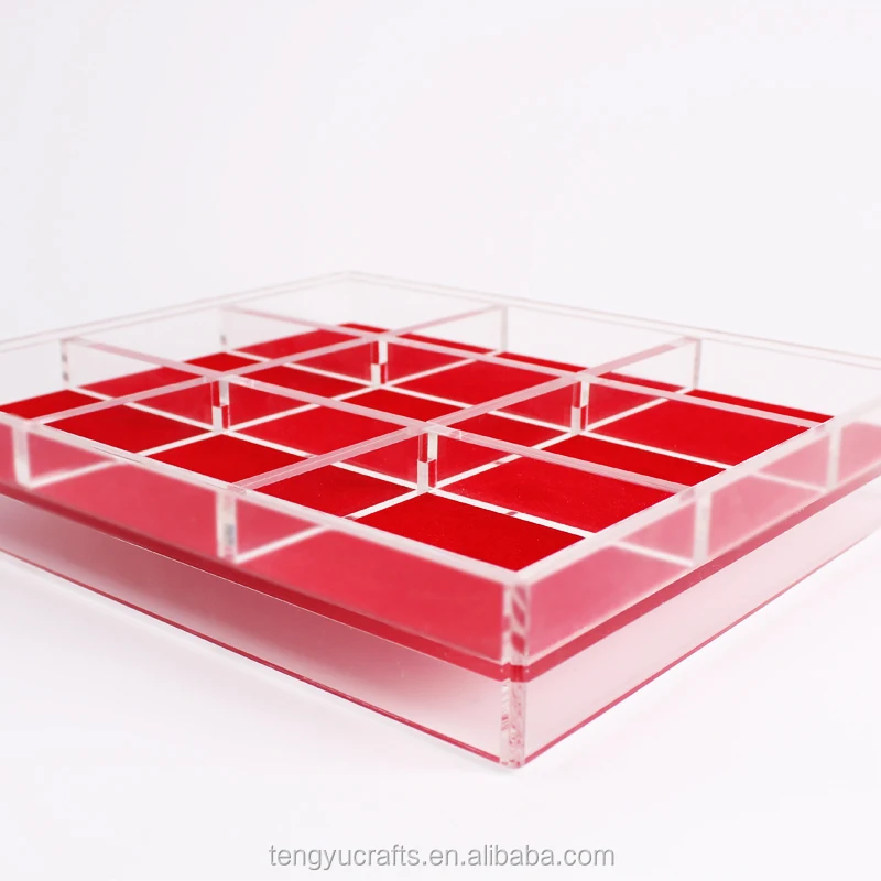 cube square plexiglass lucite large counter display case / acrylic gem jewelry display box with dividers red pad