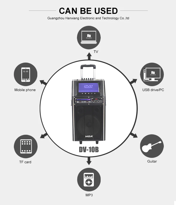 Большая мощность тележка dvd-плеер спикер с 12 В/7AH Кислоты батареи