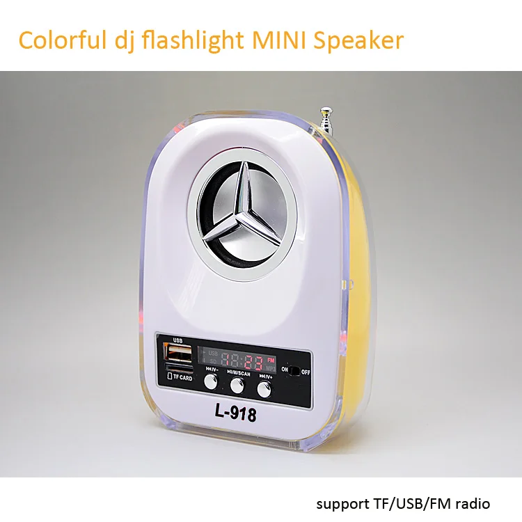 
portable mini small colorful led flashlight dj sound bass speakers box USB TF card mp3 player amplifier speaker system with FM 
