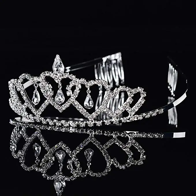 Crystal Rhinestone Heart-shaped Water drop pendant Tiara Wedding Party Flower Girl Headband Kids Crown Headband