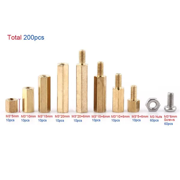 
200pcs/box Hot Selling Assorted M3 PCB Hex Male Female Threaded Brass Standoffs Screw Nut Assortment Set 