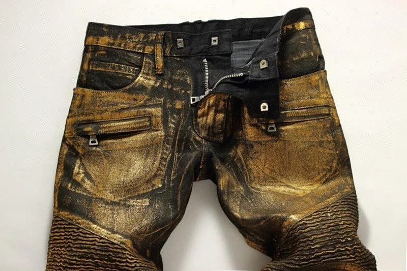 Royal wolf jeans manufacturer new fashion hot stamping metallic foiled golden coated biker denim men pants jeans