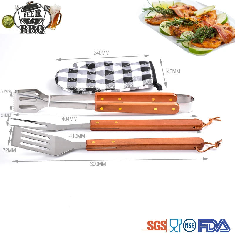 
Outdoor portable 4 pcs wooden handle barbecue tool set 