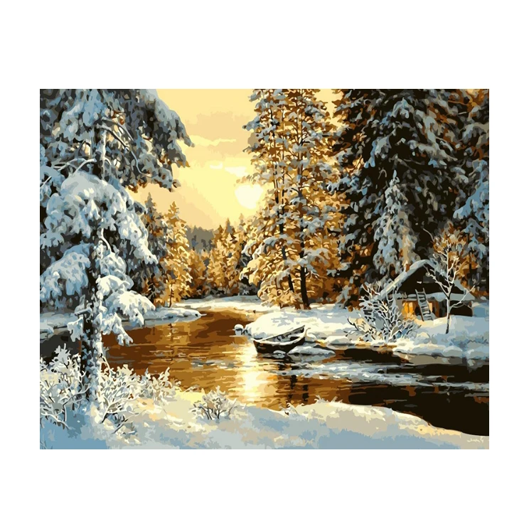 Amazon Hot Selling Snowscape in the sunset Decorative indoor hanging Painting by numbers Diy Digital Oil Painting with Frame