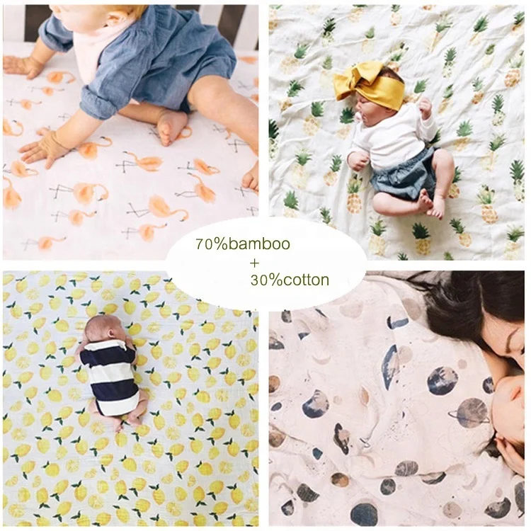 
Customized packaging organic cotton baby muslin bamboo printed swaddle blankets 