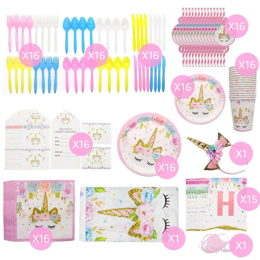 147pcs Plates Straws Cups Knives Spoons Forks Happy Birthday Banner Unicorn Headband Unicorn Party Supplies and Decorations Set