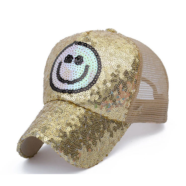 Customize plain paillette shiny color glitter Smile face sequin cap