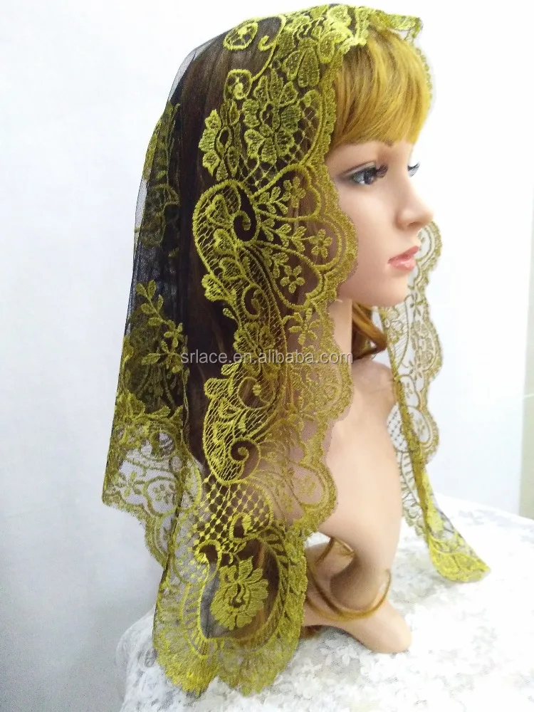 Желтая Золотая кружевная испанская кружевная Фата мантильи