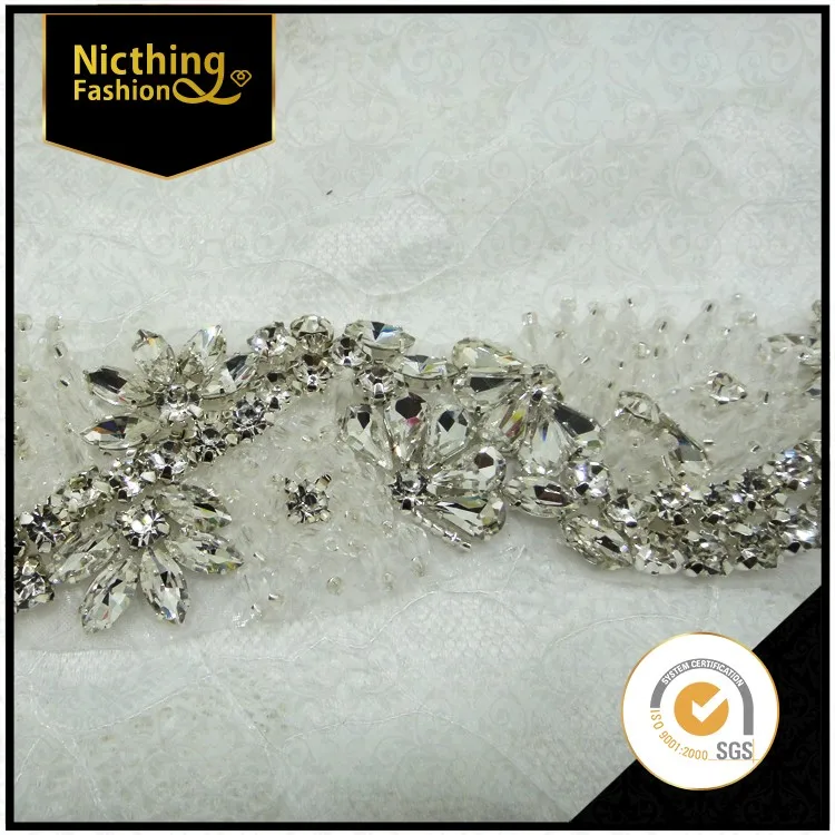2016 wholesale new design rhinestone and pearl beaded applique ornaments lace trimming rhinestone trim for wedding NRT-065