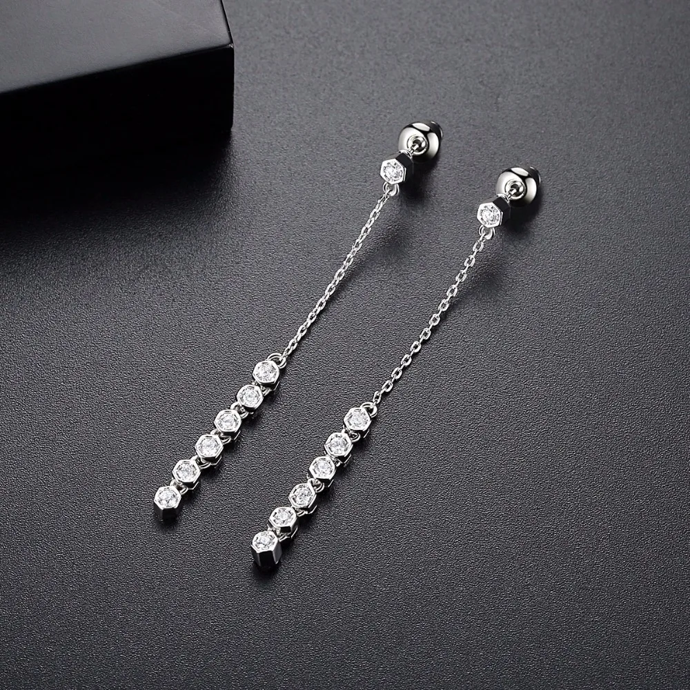 LUOTEEMI Women Silver Color Classic 7pcs Round Cut Cubic Zirconia Statement Link Chain Drop Earrings For Female Dangle Earrings