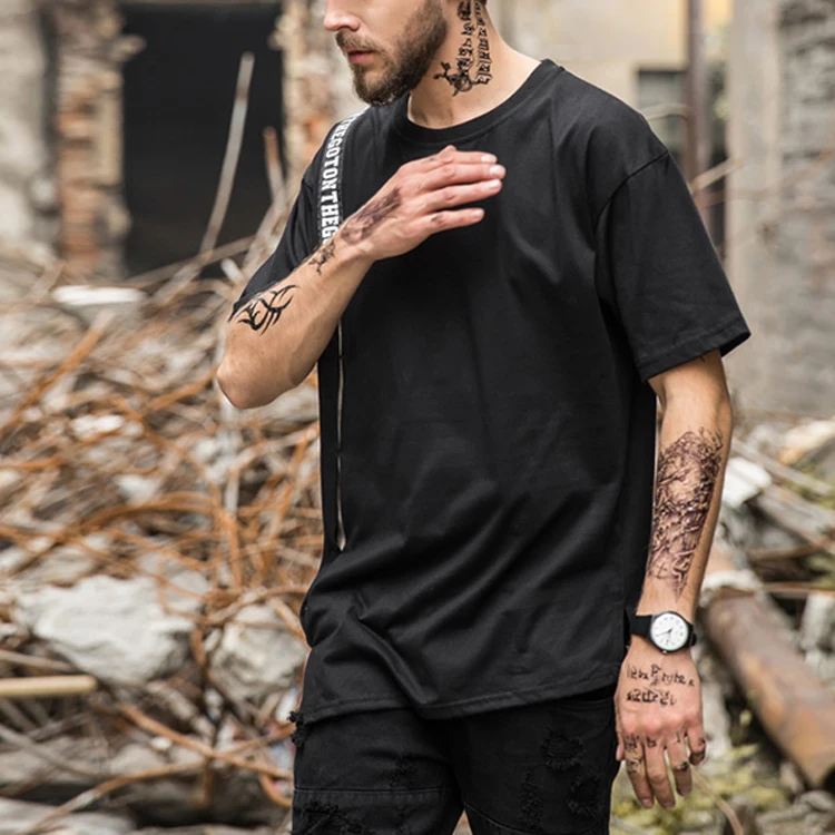 Stylish High Street Splicing Asymmetric Mens Black Longline Streetwear Private Label men T Shirts