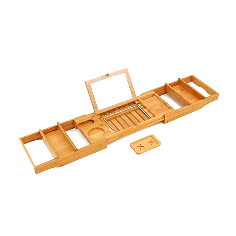 Bamboo Adjustable Bathtub Caddy Tray with Wine Holder, Cup Placement, Soap Dish, and Book Space